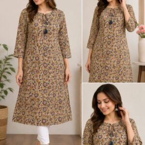 mustard floral printed a line kurti