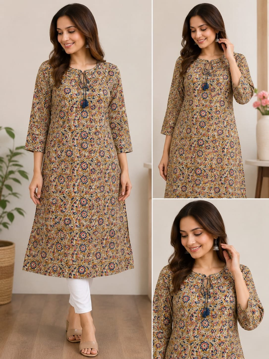 mustard floral printed a line kurti