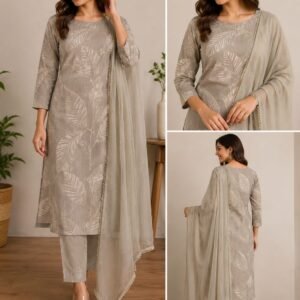 grey leaf printed 3 piece kurti set