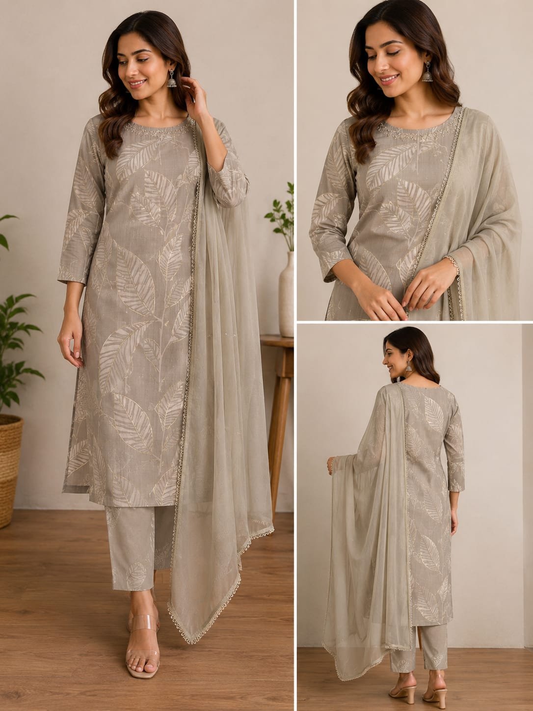 grey leaf printed 3 piece kurti set
