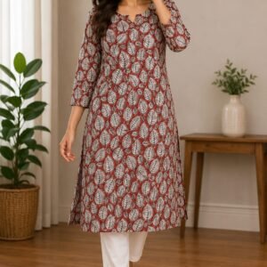 rust red leaf printed cotton kurti