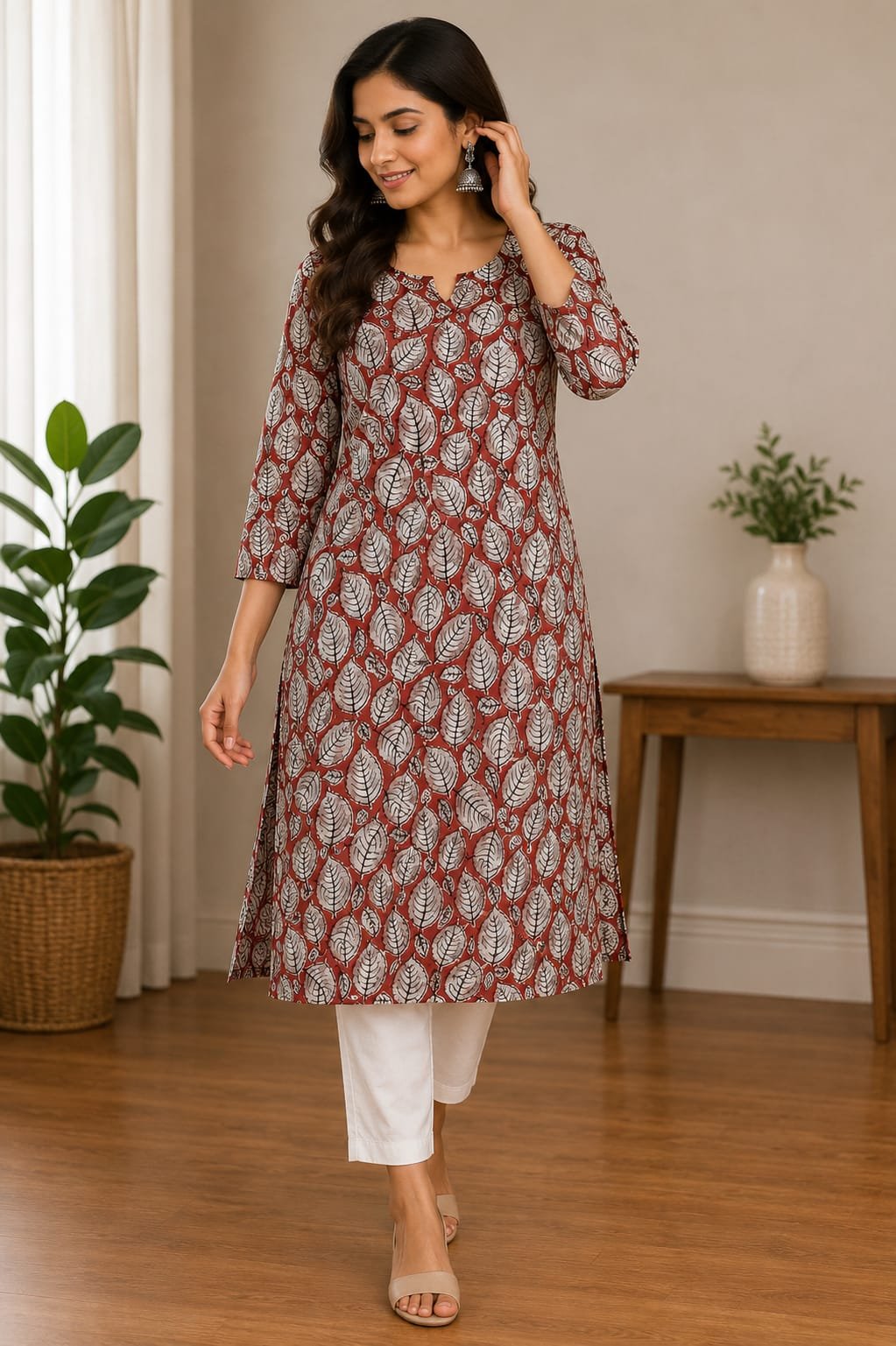 rust red leaf printed cotton kurti