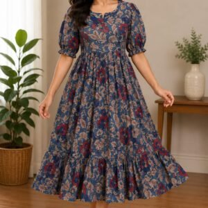 blue floral printed cotton frock dress