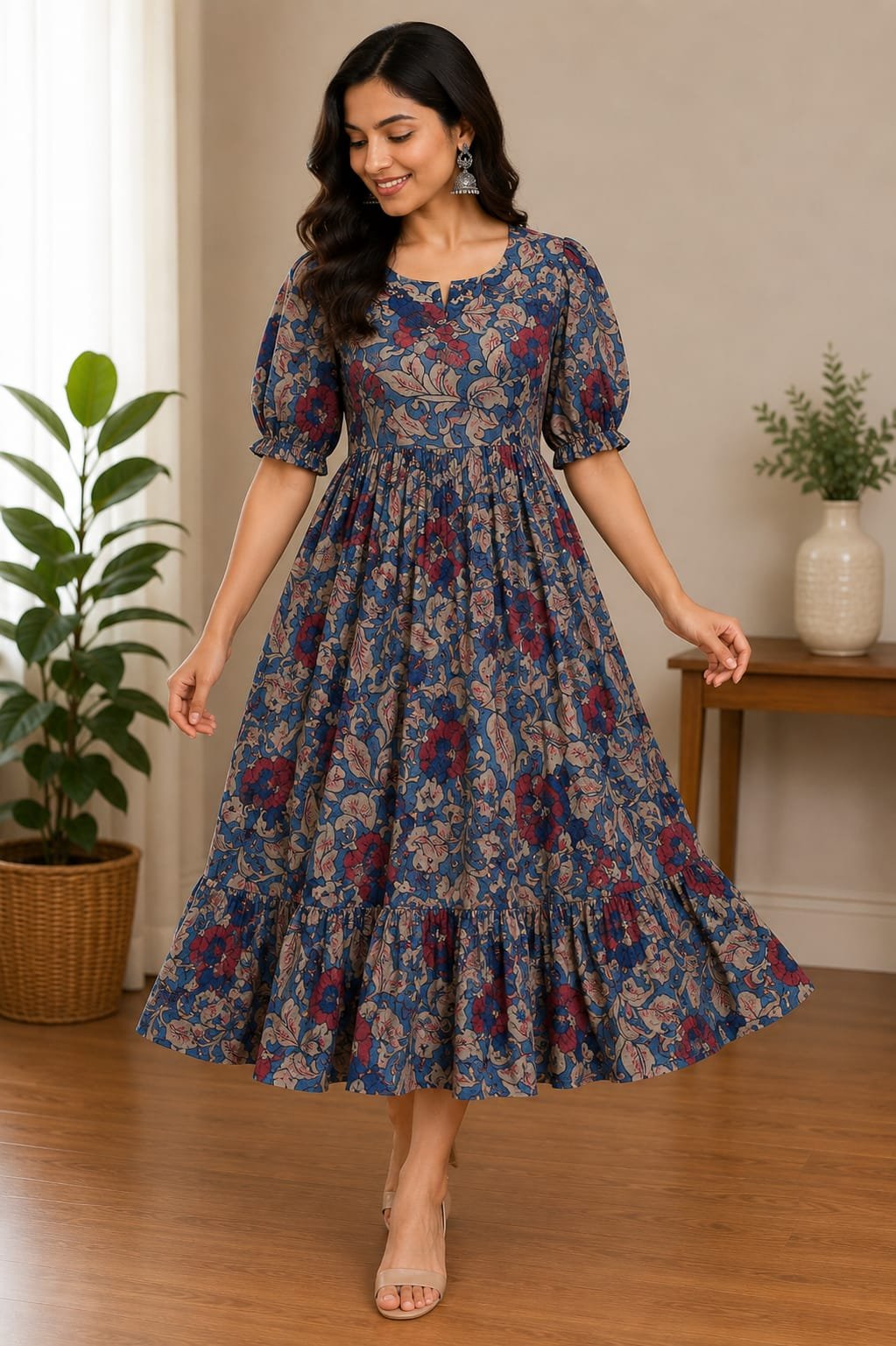 blue floral printed cotton frock dress