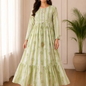 pista green printed cotton long frock