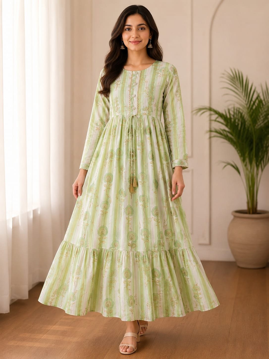 pista green printed cotton long frock
