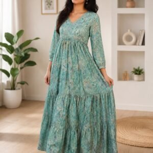 sea green printed cotton long frock