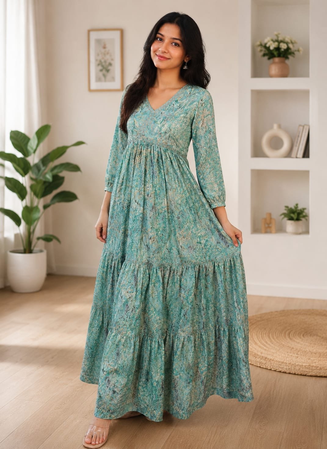 sea green printed cotton long frock