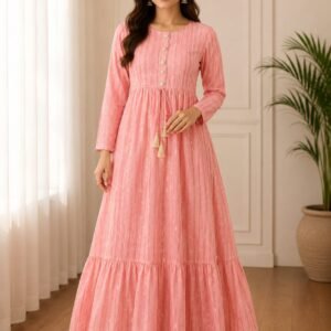 pink flared long frock dress