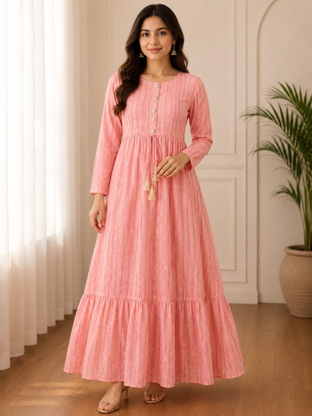pink flared long frock dress
