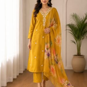 mustard maggam work 3 piece kurti set