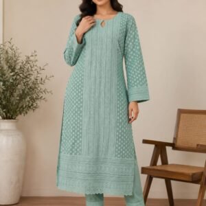 sea green embroidered silk kurti set
