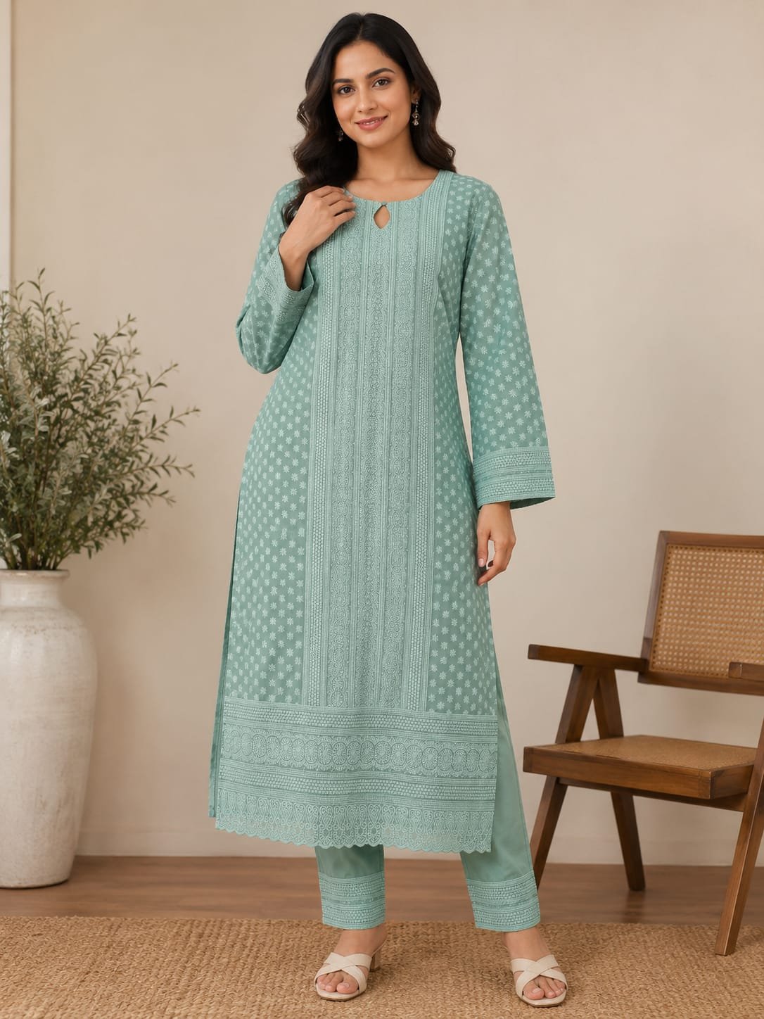 sea green embroidered silk kurti set