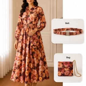 floral printed maxi frock with belt & sling bag