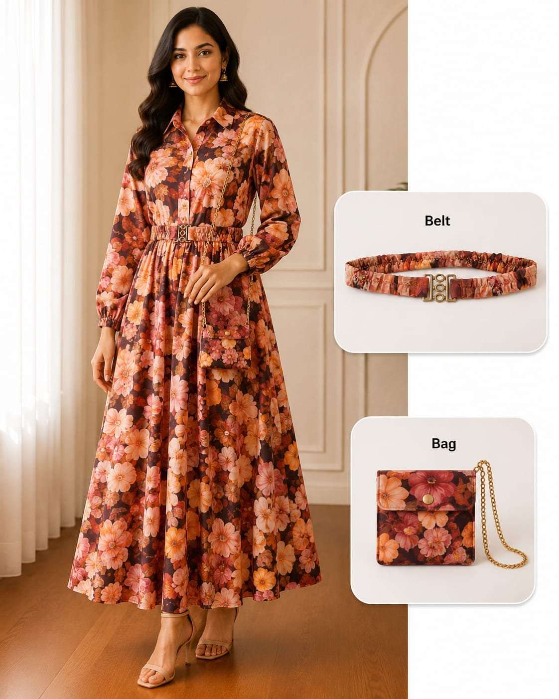 floral printed maxi frock with belt & sling bag
