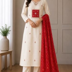 maggam work kurti set with red georgette dupatta