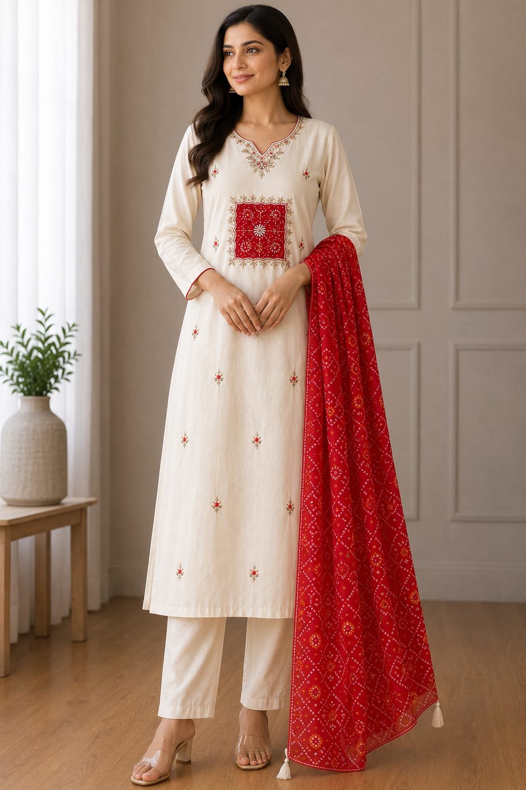 maggam work kurti set with red georgette dupatta