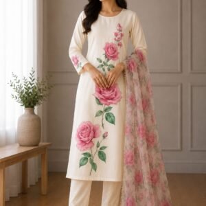 russian silk floral kurti set with printed dupatta