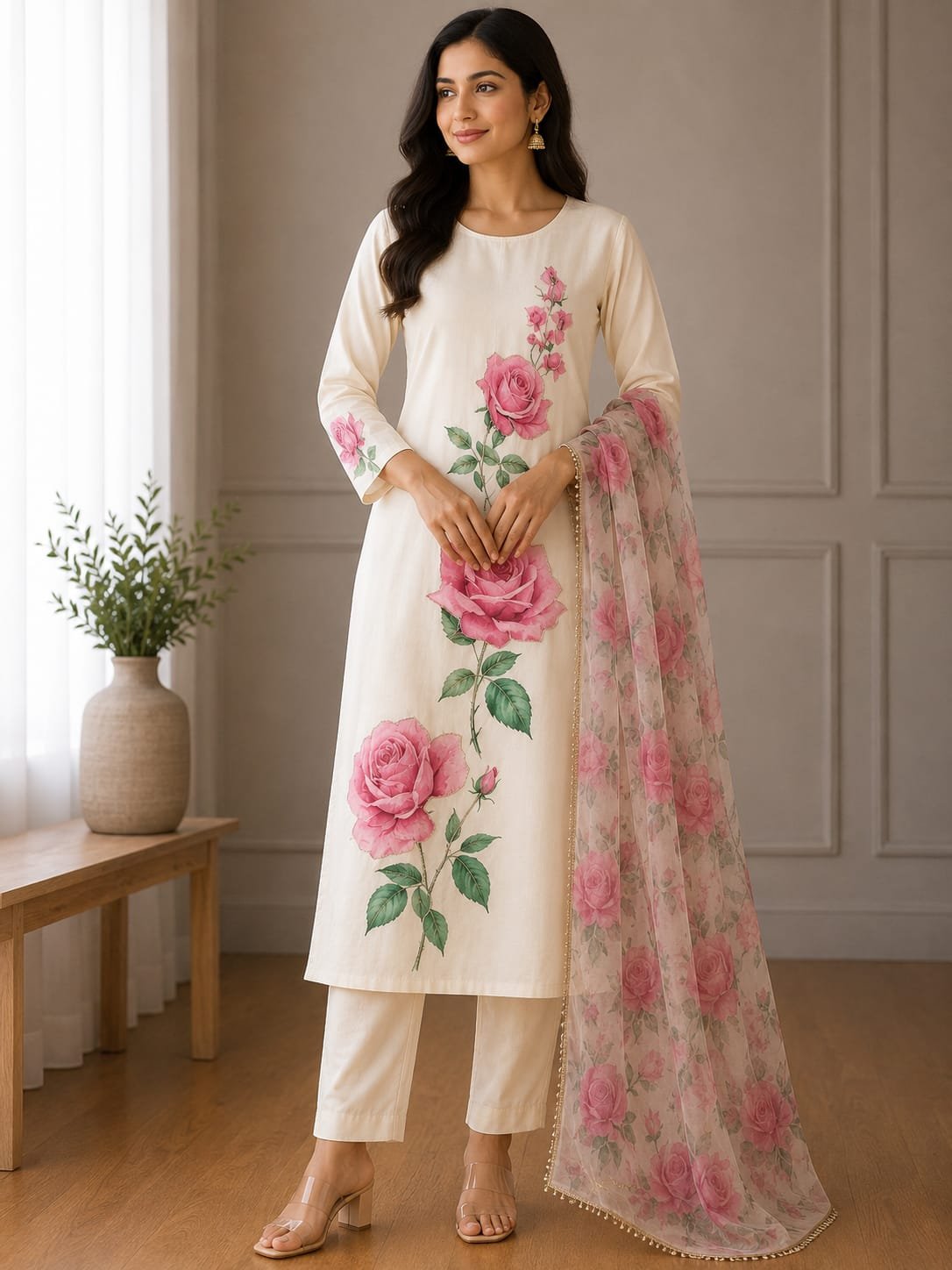 russian silk floral kurti set with printed dupatta