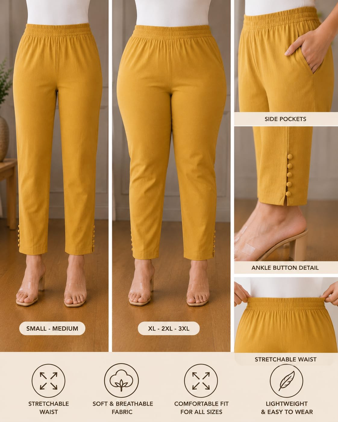 mustard stretchable pencil cut pants