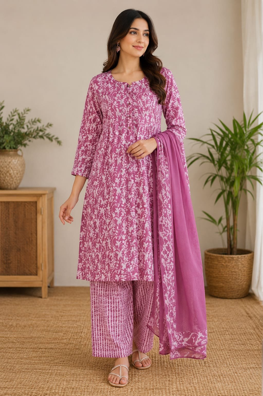 rosy bloom printed kurti palazzo dupatta set