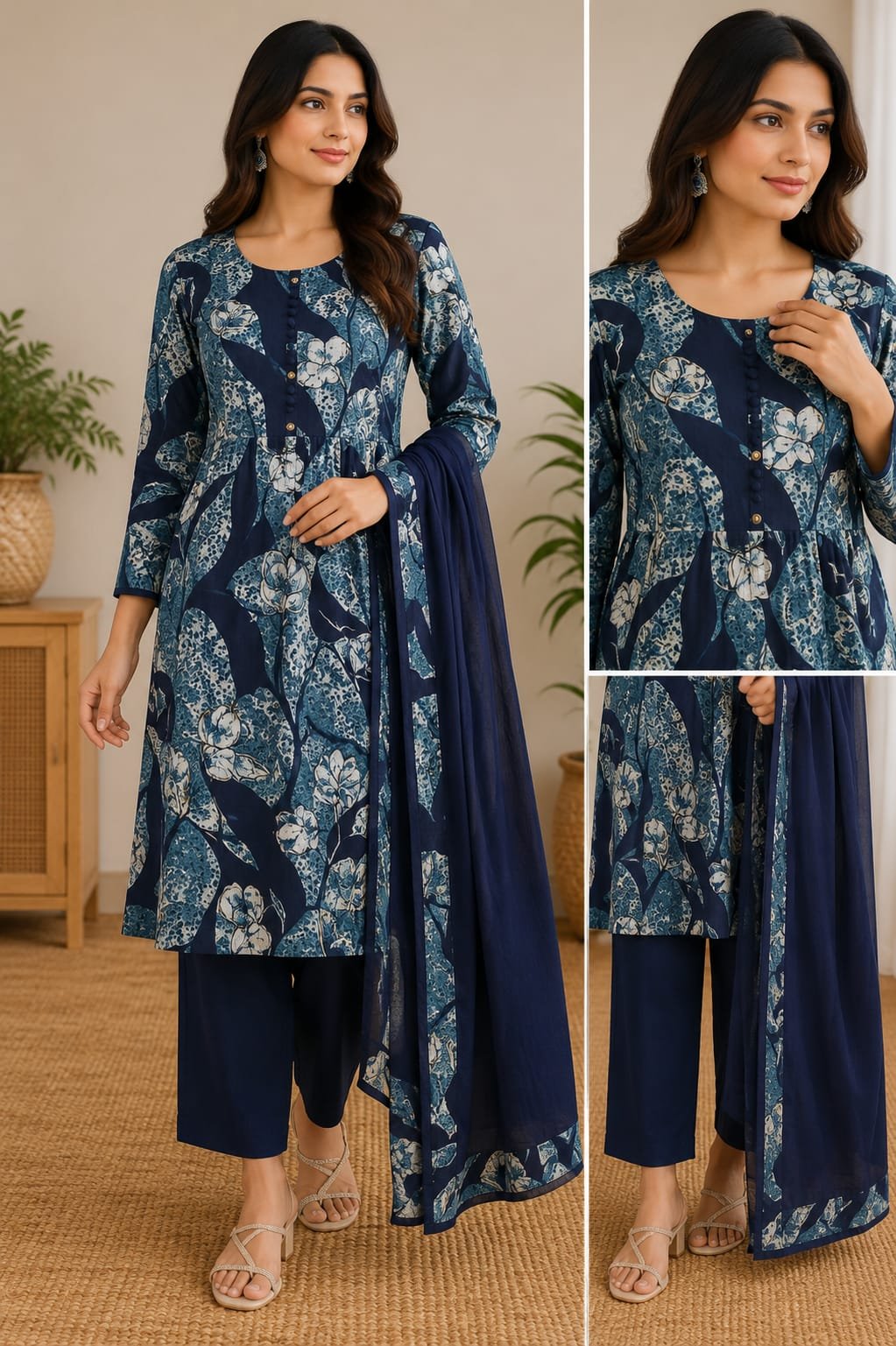 rosy bloom printed kurti palazzo dupatta set