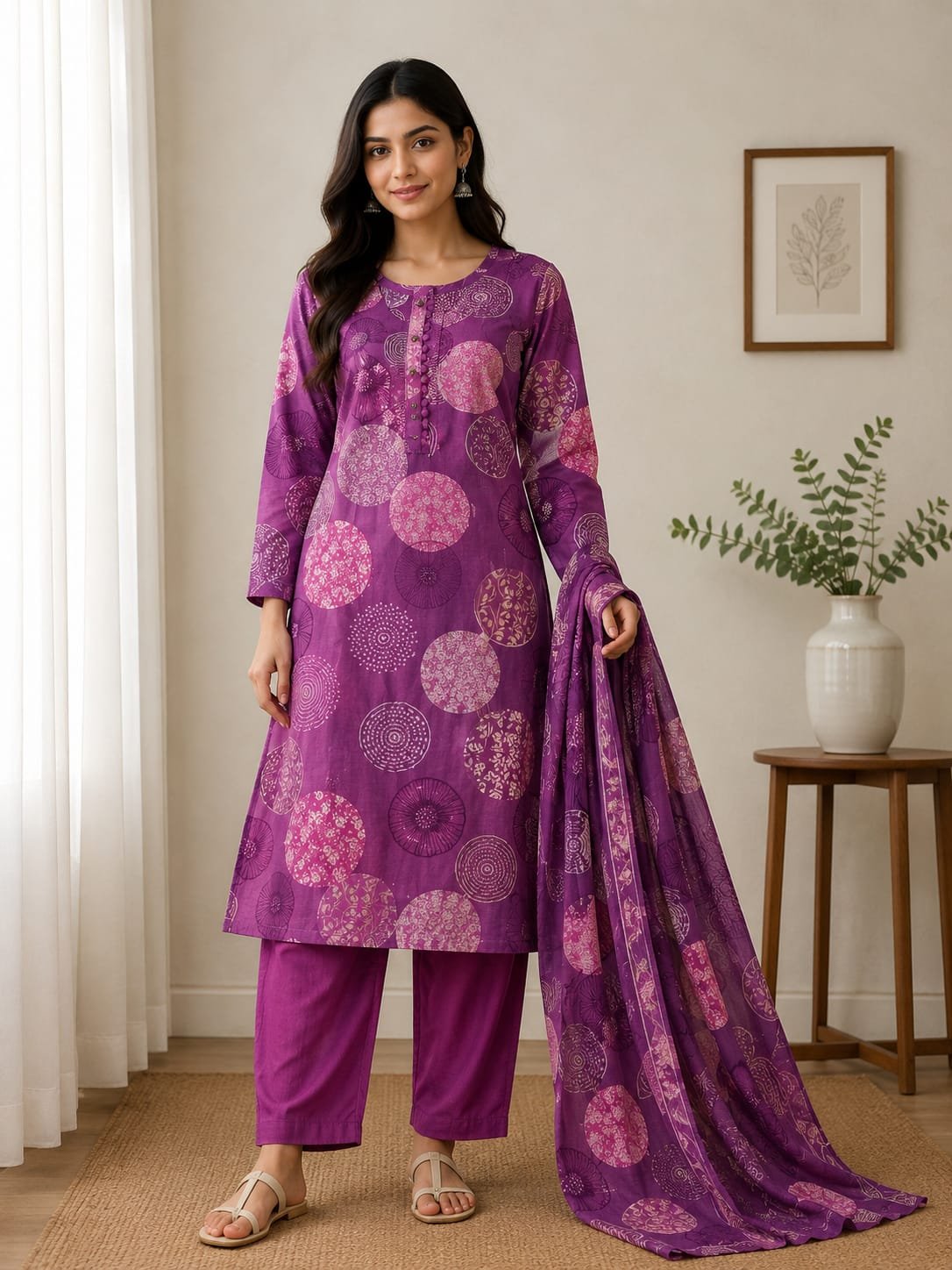 rosy bloom printed kurti palazzo dupatta set