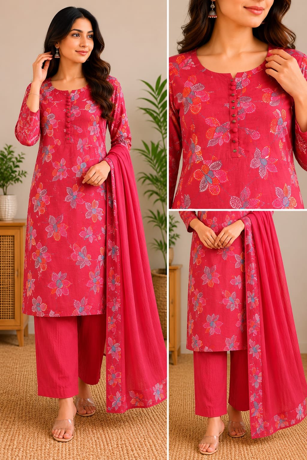 rosy bloom printed kurti palazzo dupatta set