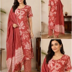 rosy bloom printed kurti palazzo dupatta set