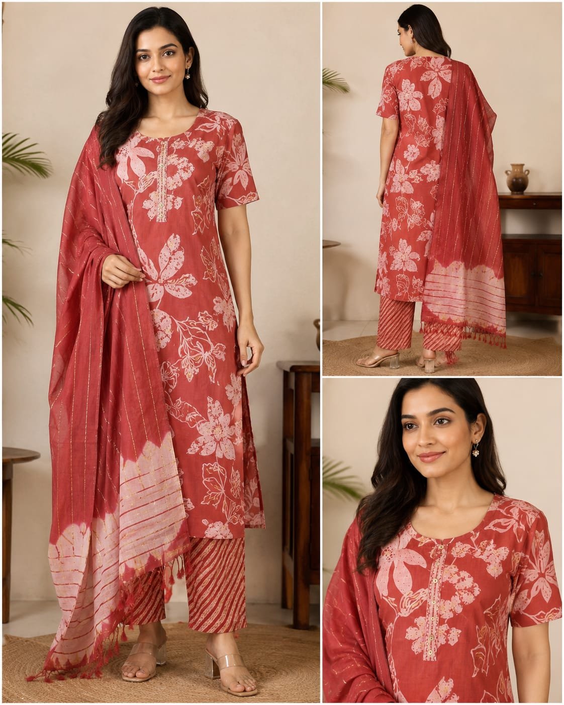 rosy bloom printed kurti palazzo dupatta set