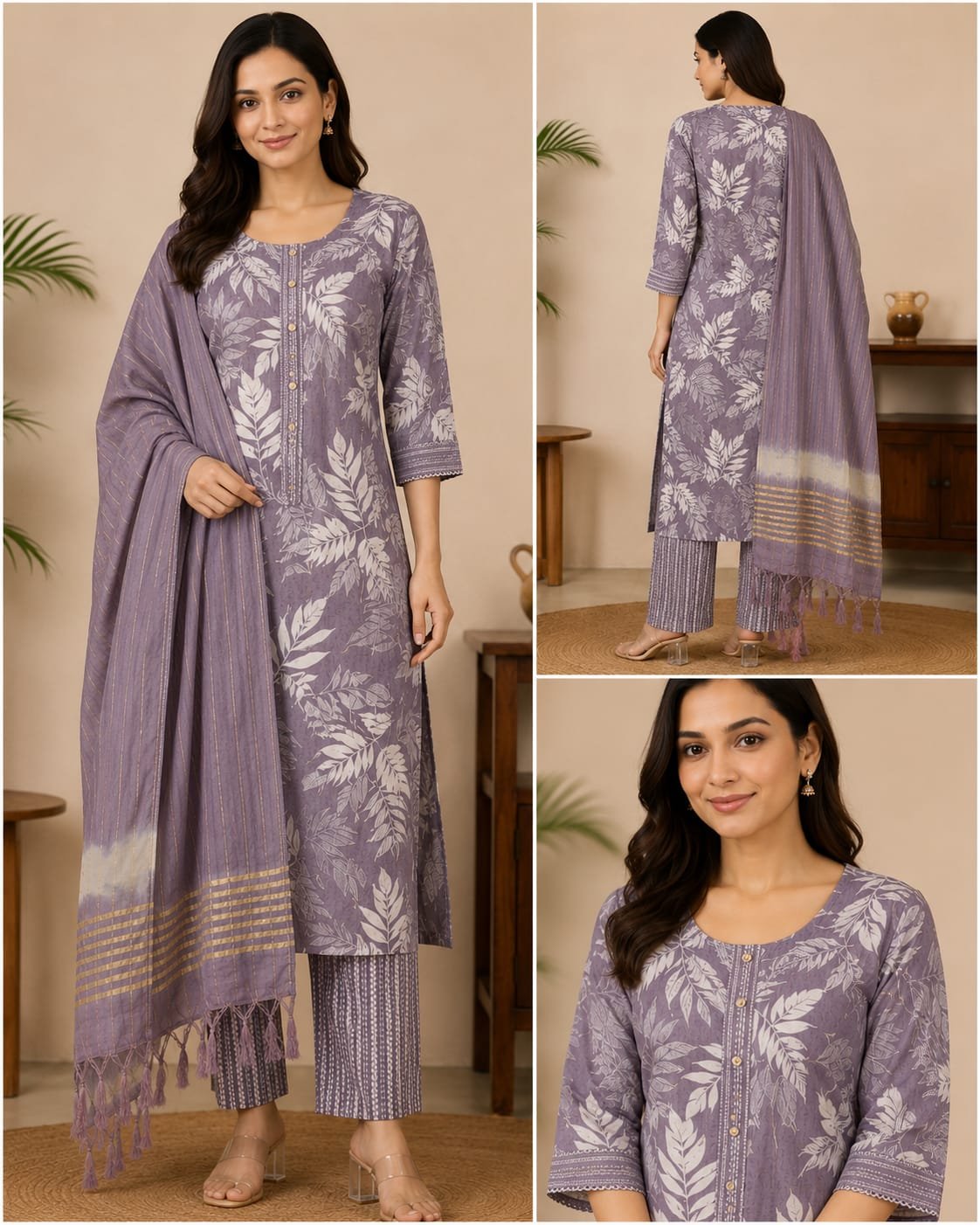 rosy bloom printed kurti palazzo dupatta set