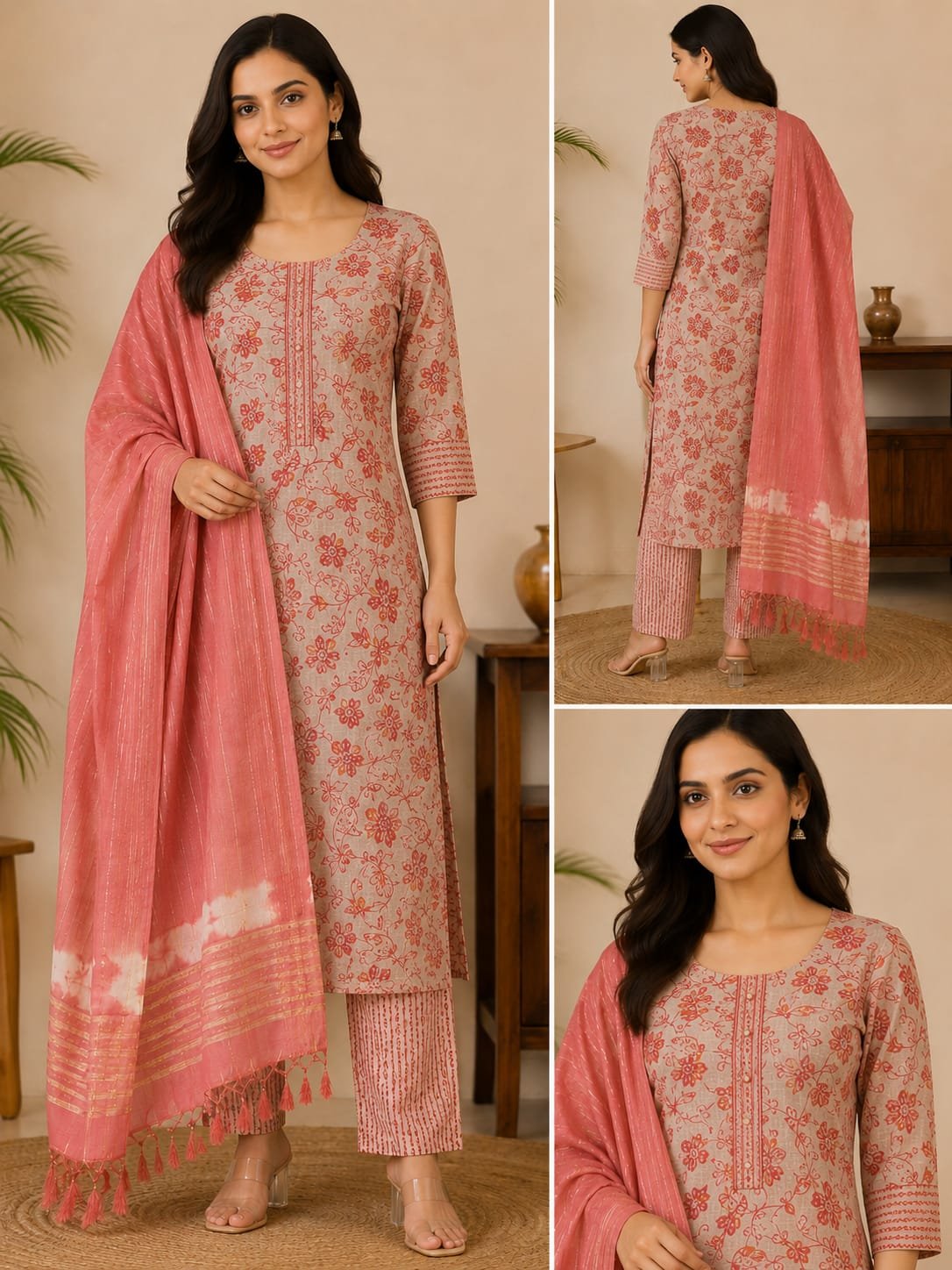 rosy bloom printed kurti palazzo dupatta set