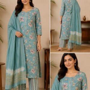 rosy bloom printed kurti palazzo dupatta set