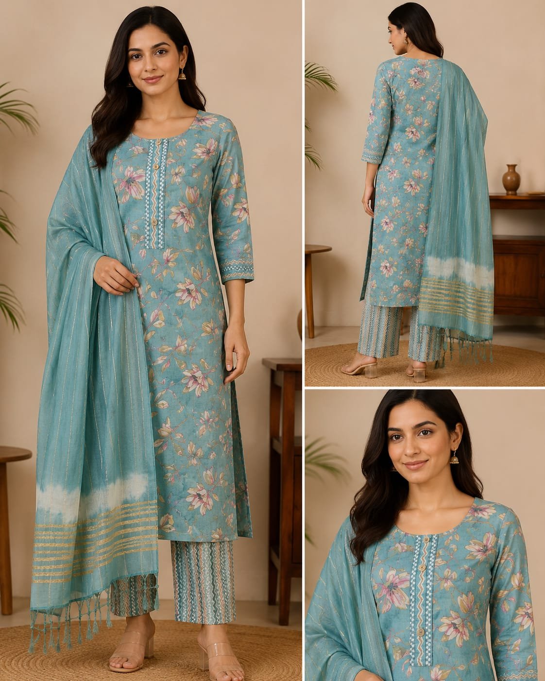 rosy bloom printed kurti palazzo dupatta set