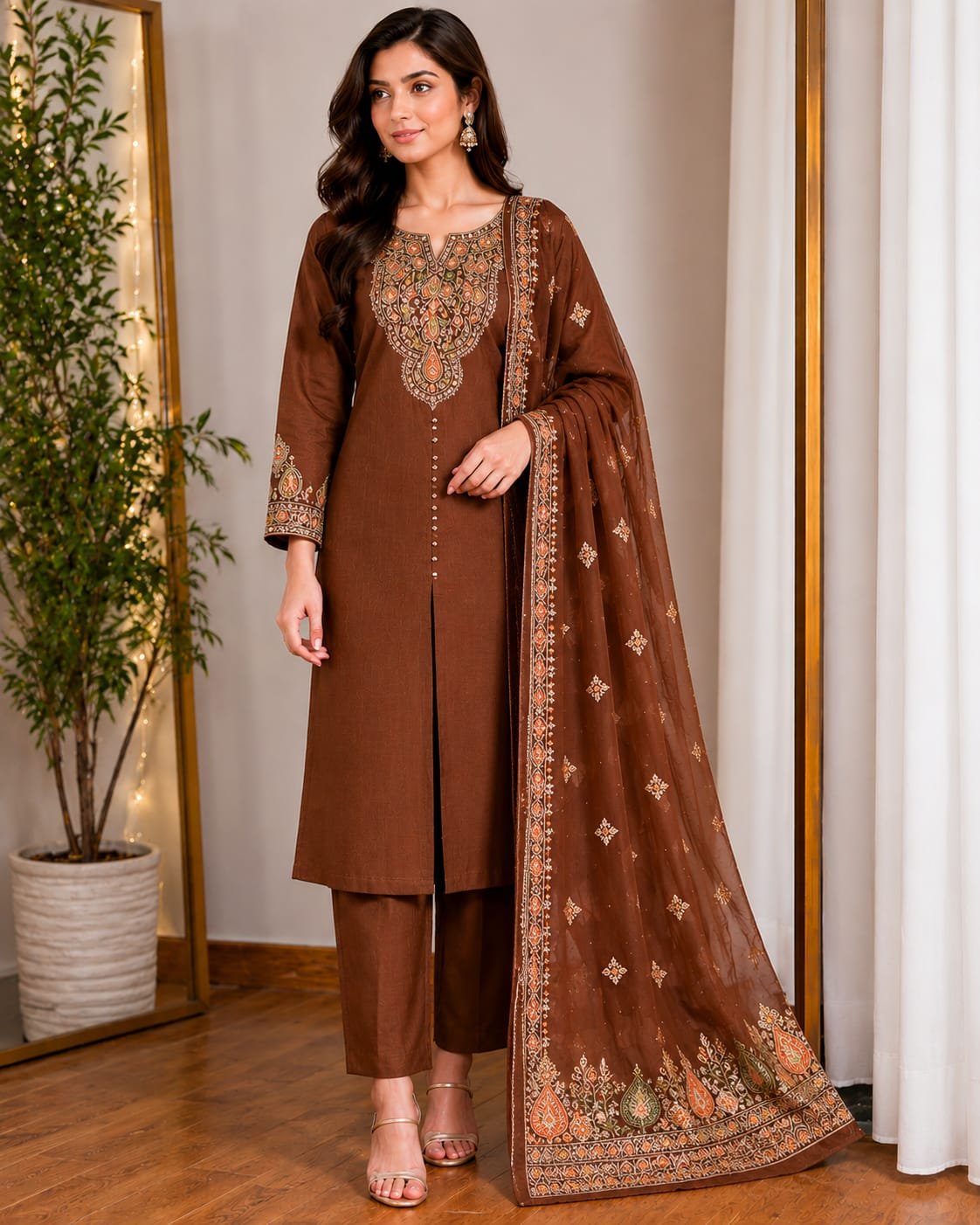 rosy bloom printed kurti palazzo dupatta set