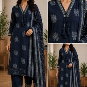 black elephant printed cotton kurta pant dupatta set