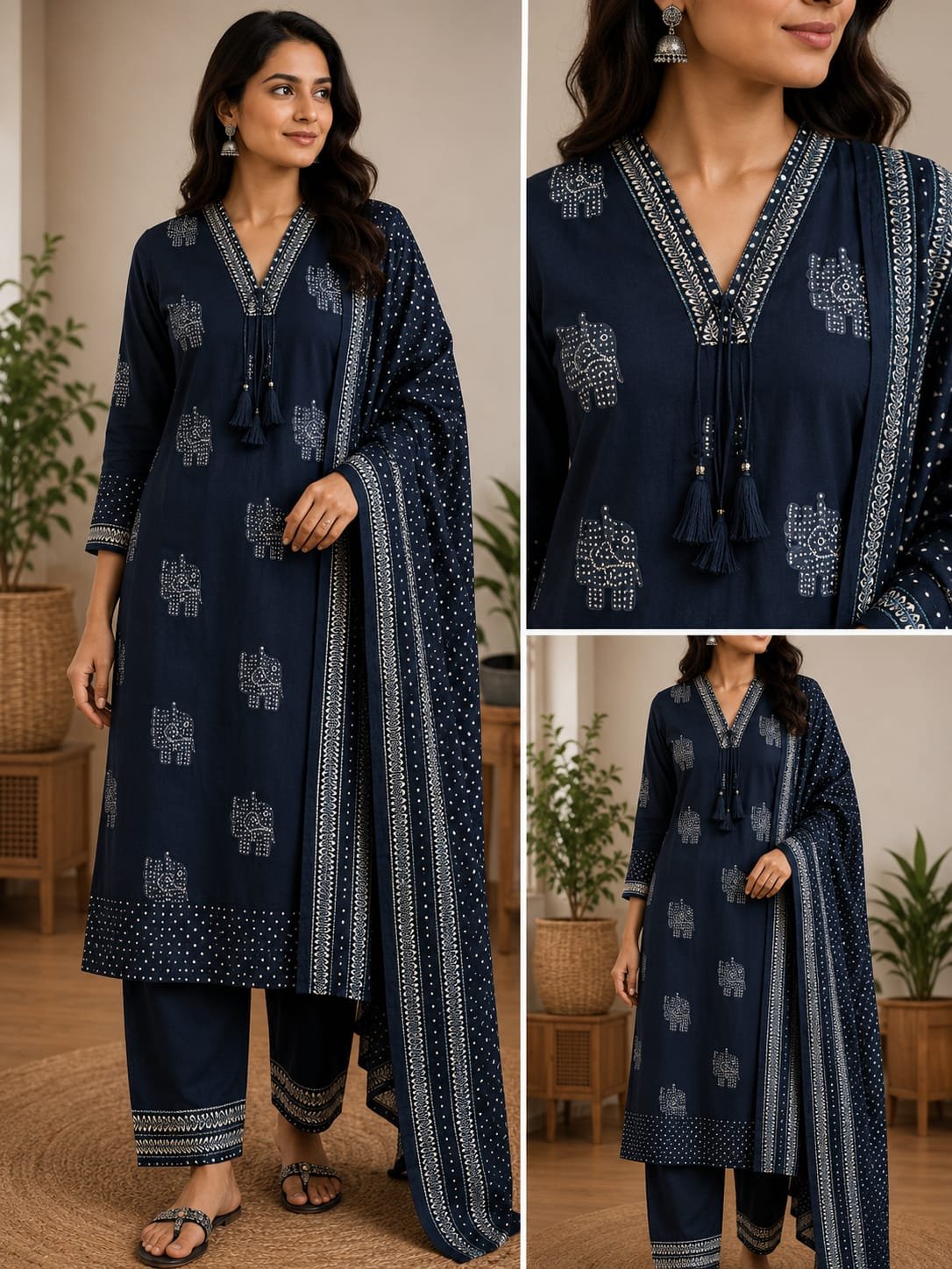 black elephant printed cotton kurta pant dupatta set