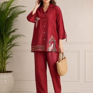 maroon embroidered co ord set for women