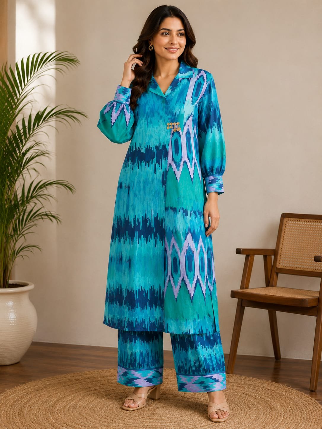 teal ikat printed kurta pant co ord set