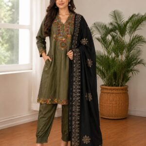 olive embroidered cotton kurta pant dupatta set