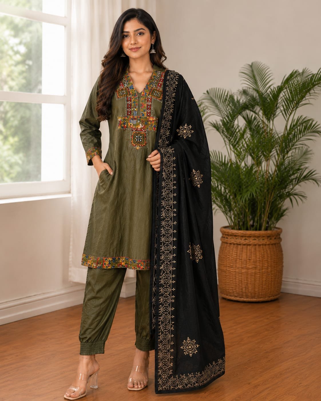 olive embroidered cotton kurta pant dupatta set