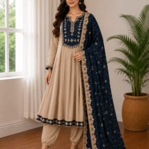beige & navy embroidered anarkali suit set