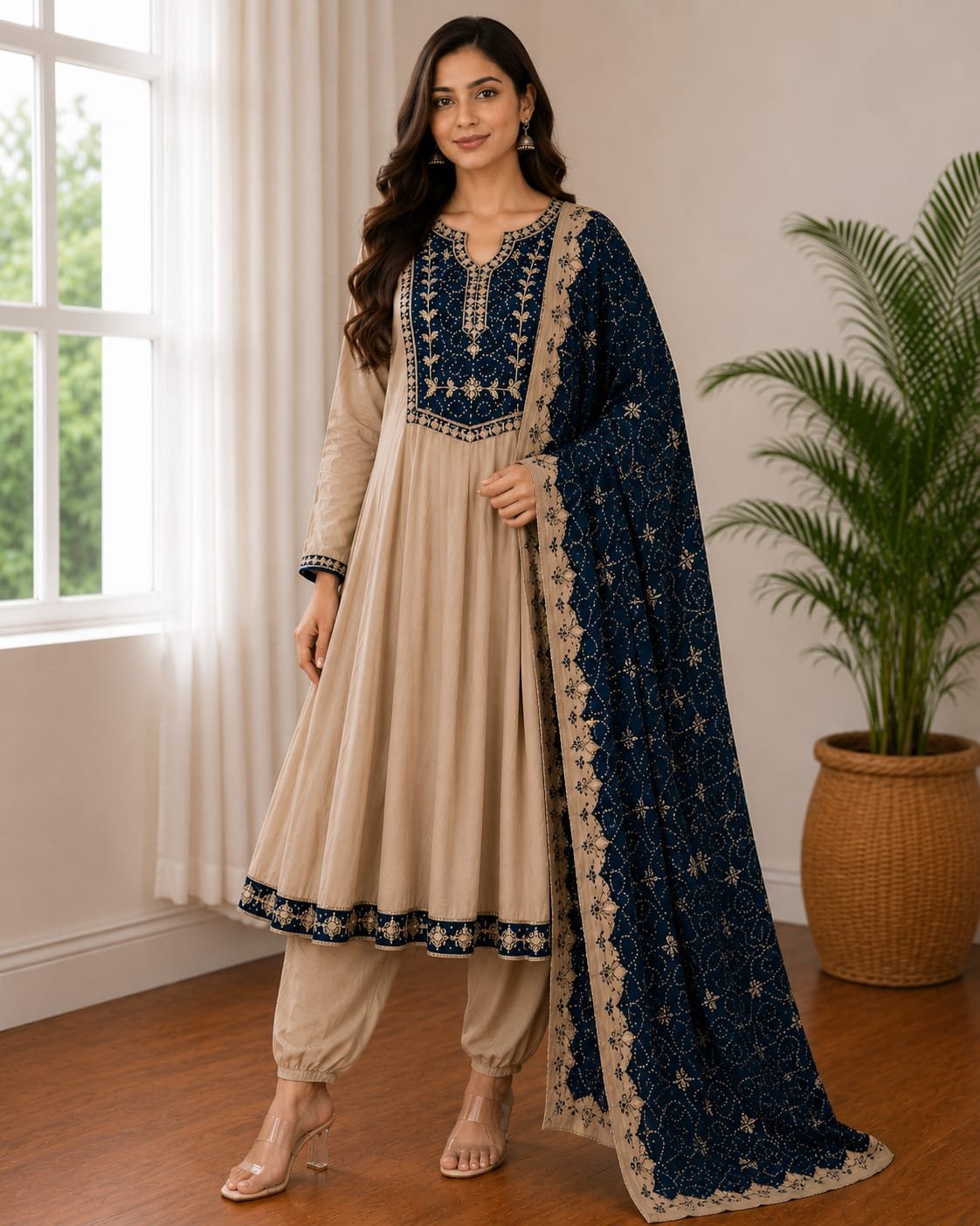 beige & navy embroidered anarkali suit set