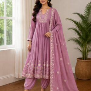 lilac embroidered cotton anarkali suit set