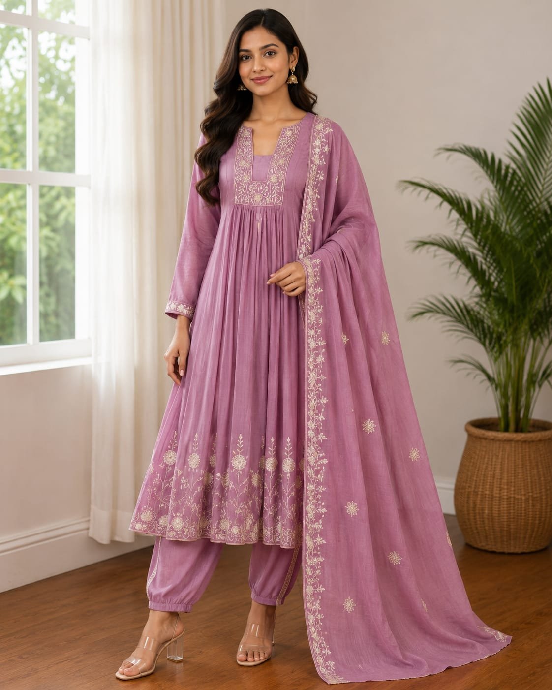 lilac embroidered cotton anarkali suit set