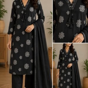 black floral printed cotton kurta pant dupatta set
