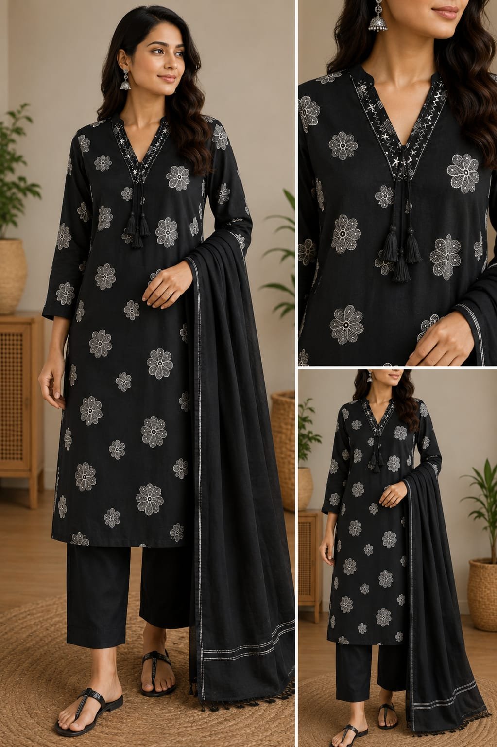 black floral printed cotton kurta pant dupatta set