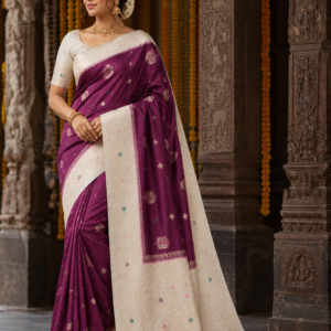 wine purple soft silk saree with rich woven ivory pallu
