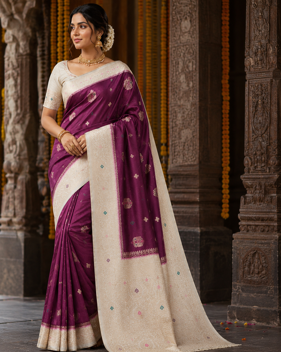 wine purple soft silk saree with rich woven ivory pallu