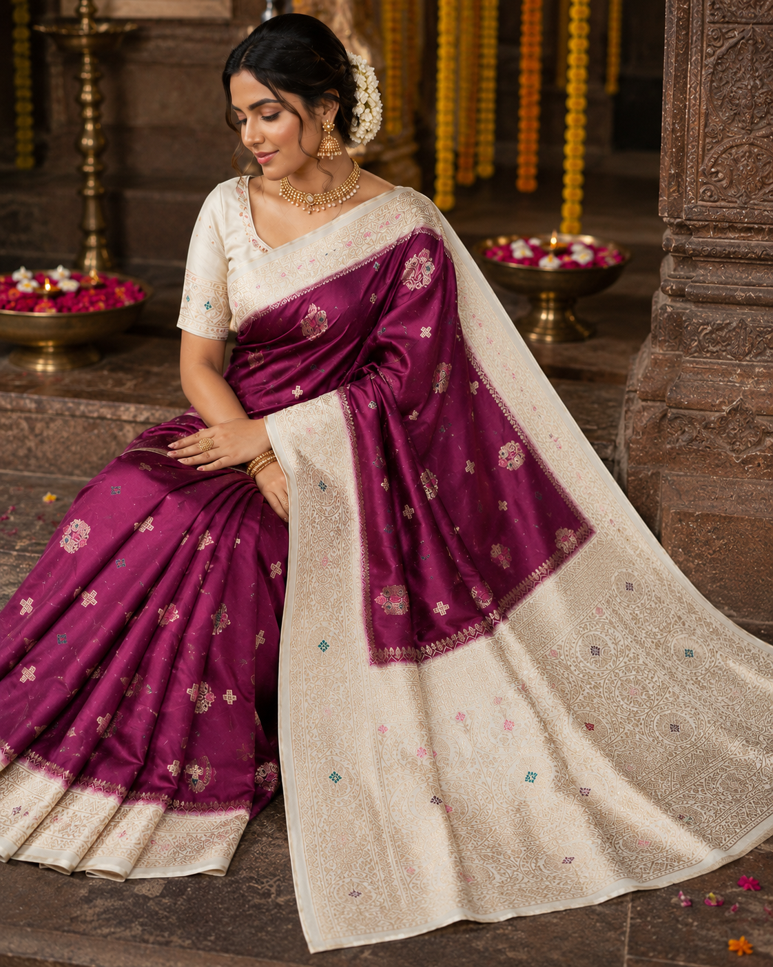 wine purple soft silk saree with rich woven ivory pallu